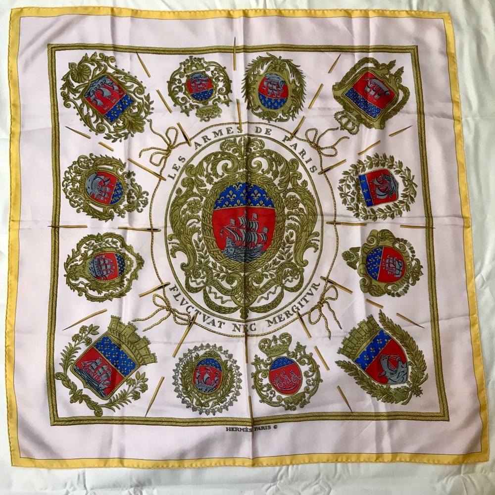 Hermès 90cm Scarf “Les Armes de Paris” Yellow